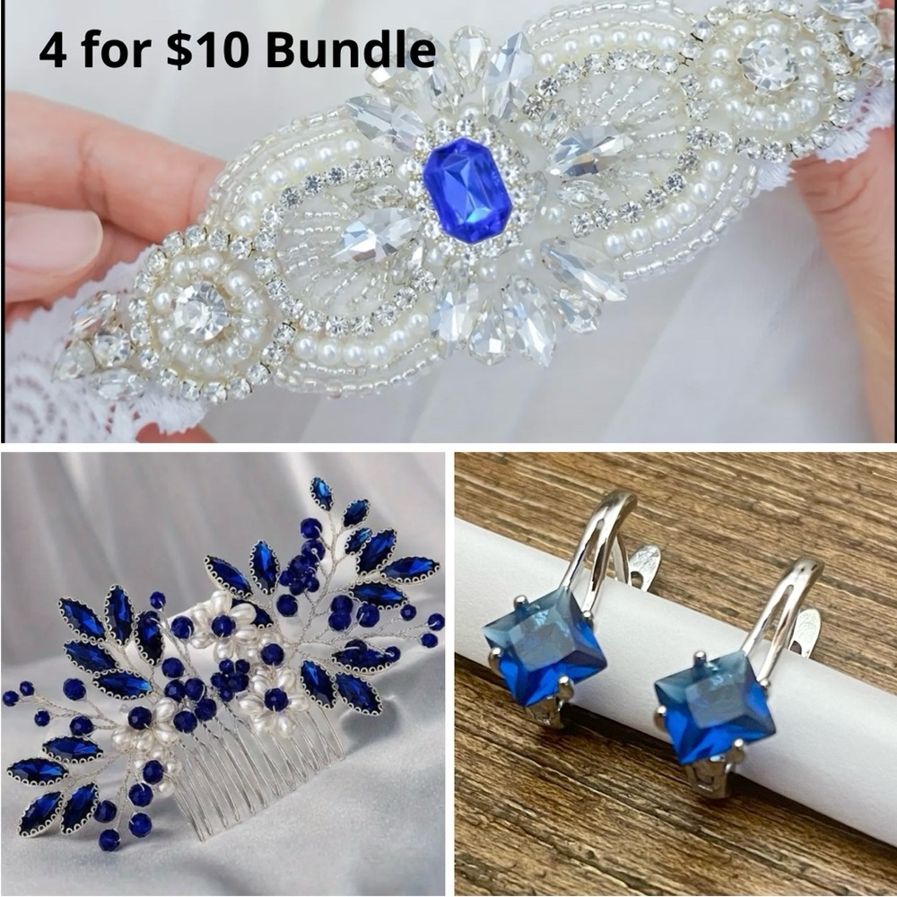 3pcs Bridal Sapphire & Pearl Accessory Set (Hair Comb, Earrings, Garter)